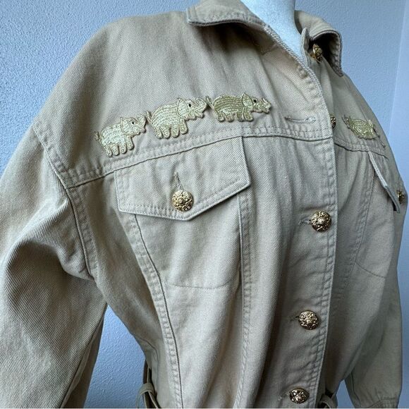 Vintage Tan Bomber Jacket 100% Cotton Women’s Embellished Belt SZ 12 - Picture 8 of 14